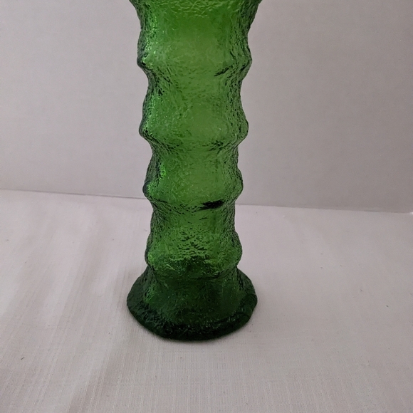 Green hand blown glass vase crackle finish ribbed 7" MCM - Picture 5 of 5